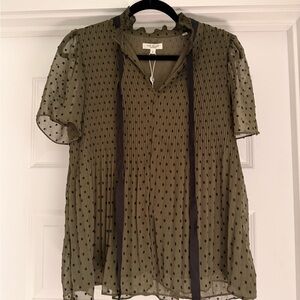 Max Studio Olive Blouse with Black Dots